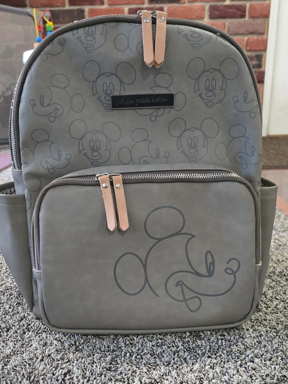 Petunia Pickle Bottom District Diaper Bag Backpack- Grey "Love Mickey" Print